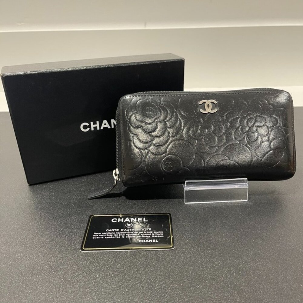 Chanel Lambskin Camellia Embossed Zip Around Black Wallet (JB1216)
